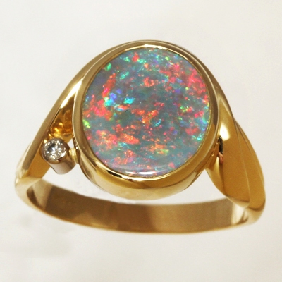 CUSTOM MADE 18k Yellow Gold Ring with a diamond and a SOLID SEMI BLACK OPAL Floral Harlequin pattern, bright and sparkly SEE VIDEO